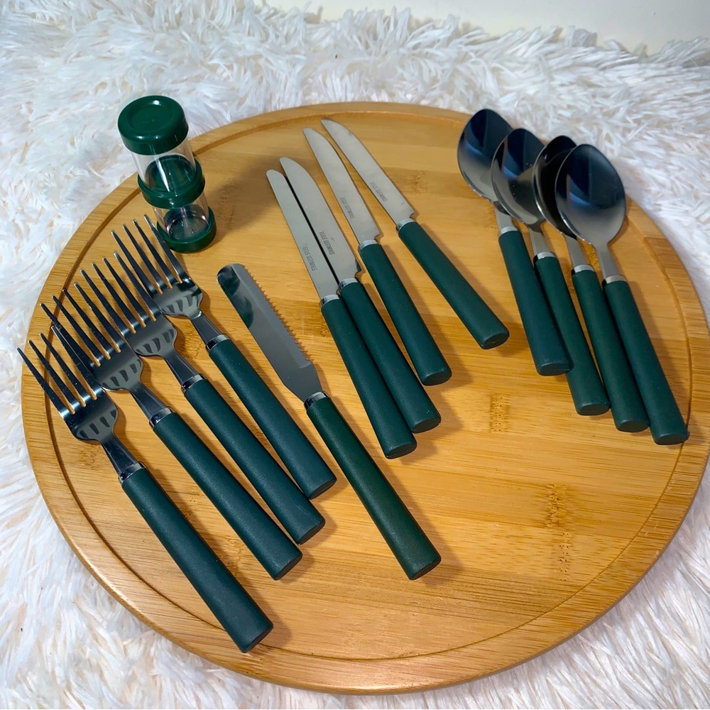 14Pc. Set of Stainless Steel Green Handle Cutlery 4 settings w cheese knife+